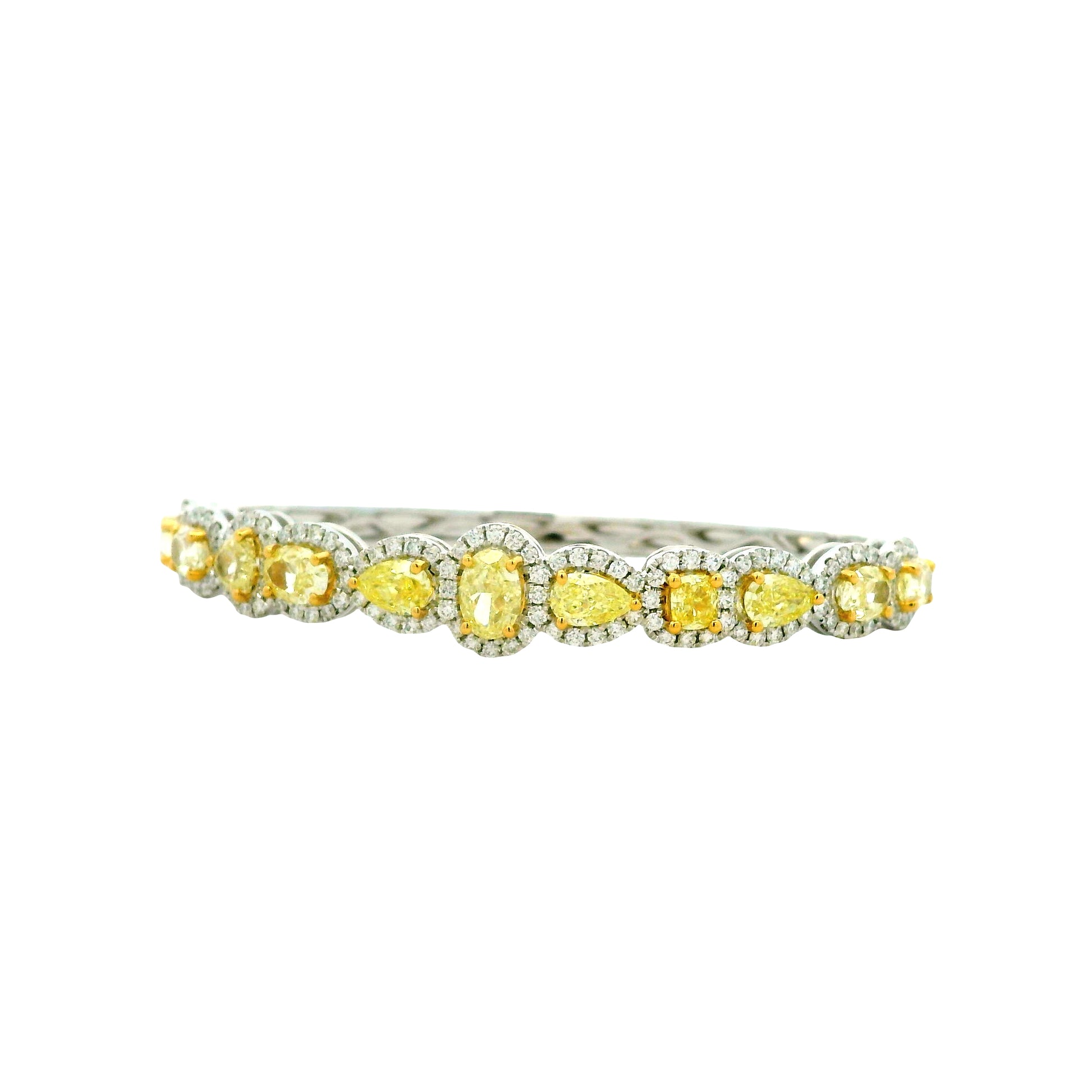 18k Two-Tone Gold 6.37ctw Multi-Shape Natural Yellow & White Diamond Bangle Bracelet — right three-quarter angle