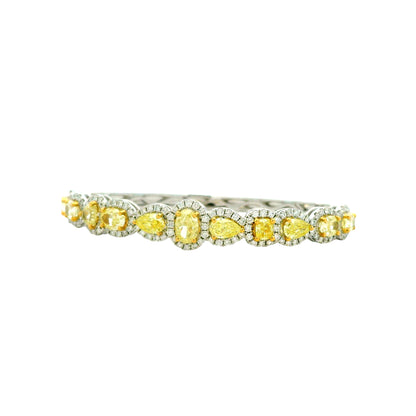 18k Two-Tone Gold 6.37ctw Multi-Shape Natural Yellow & White Diamond Bangle Bracelet — right three-quarter angle