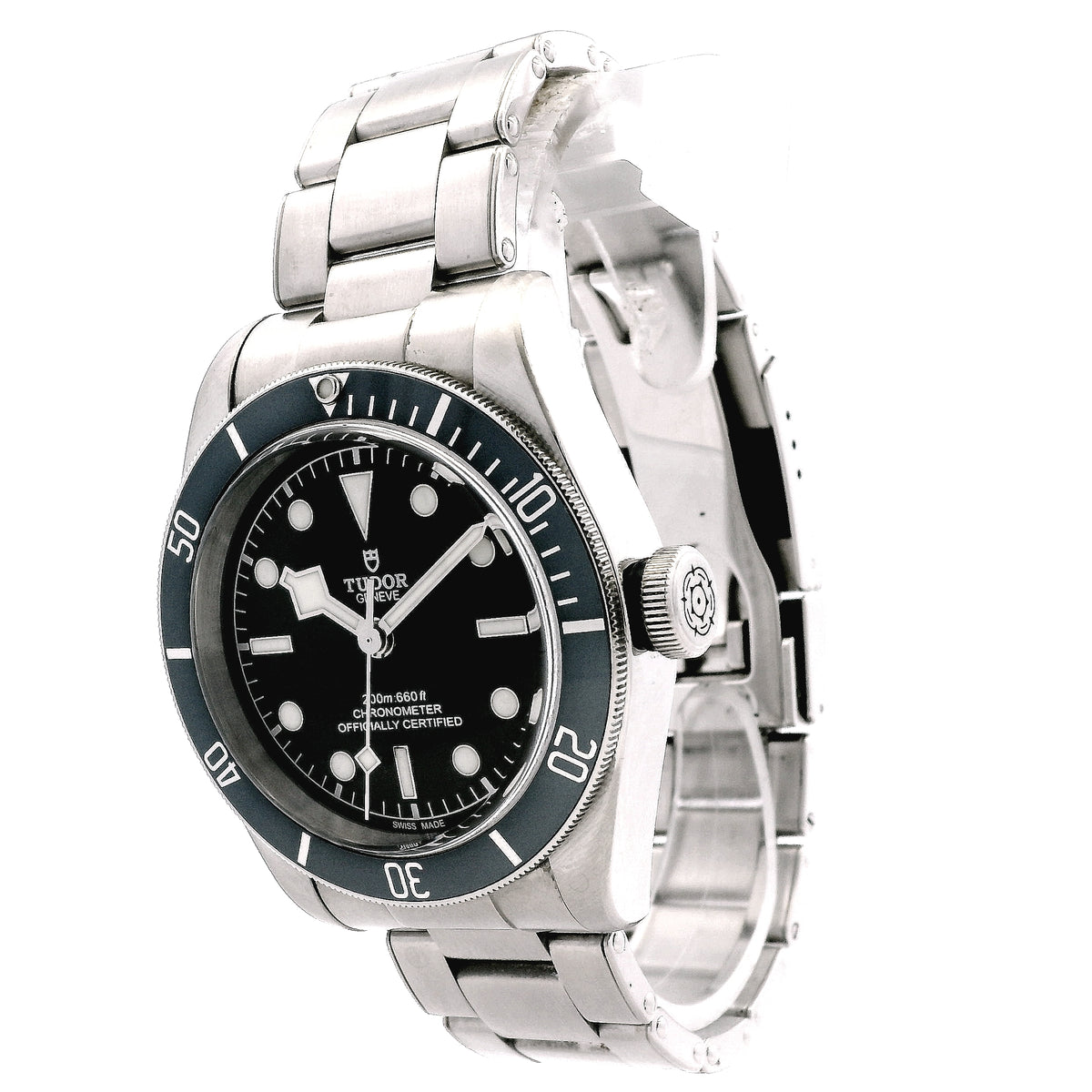 Tudor Heritage 41mm Black Dial Blue Rotating Bezel Stainless Steel Watch — right side three-quarter view