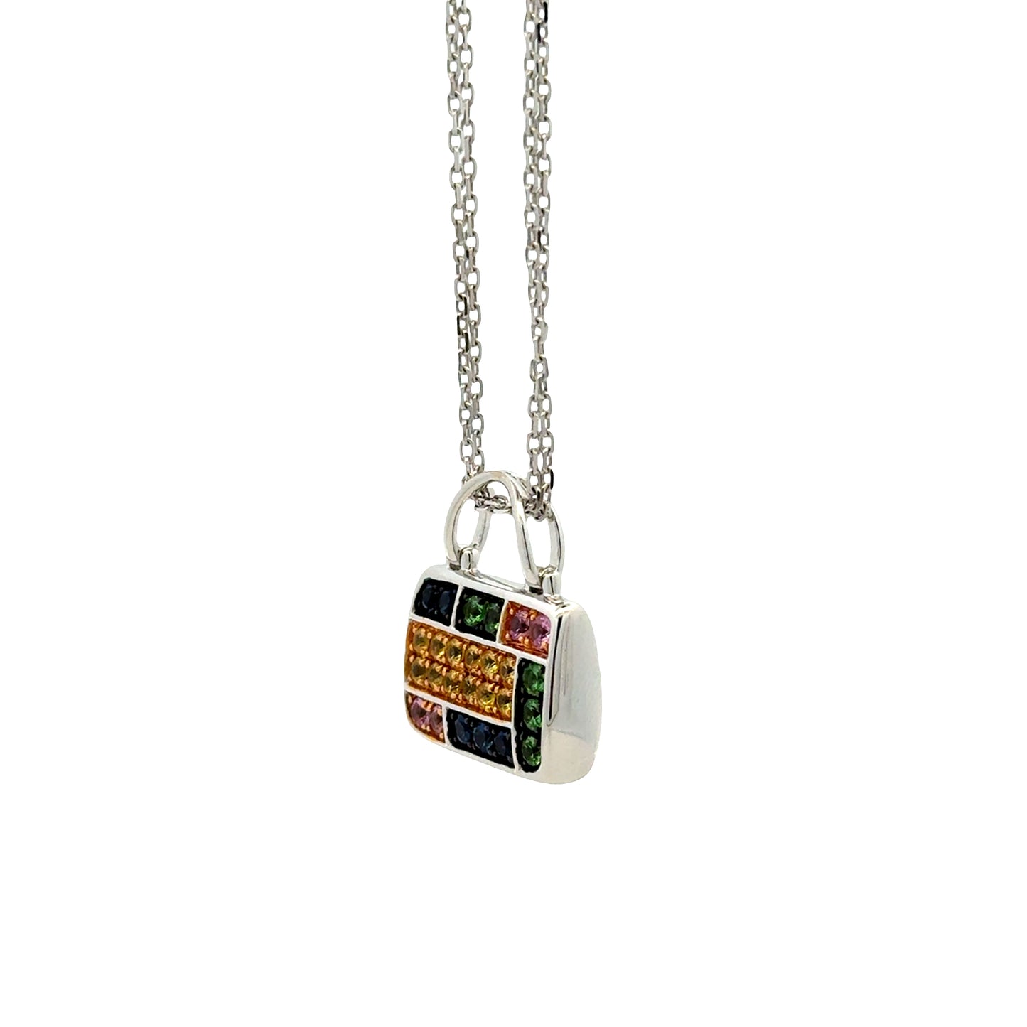 18k White Gold 2.00ctw Multi-Color Sapphire Pavé Purse Pendant Necklace — right three-quarter angle