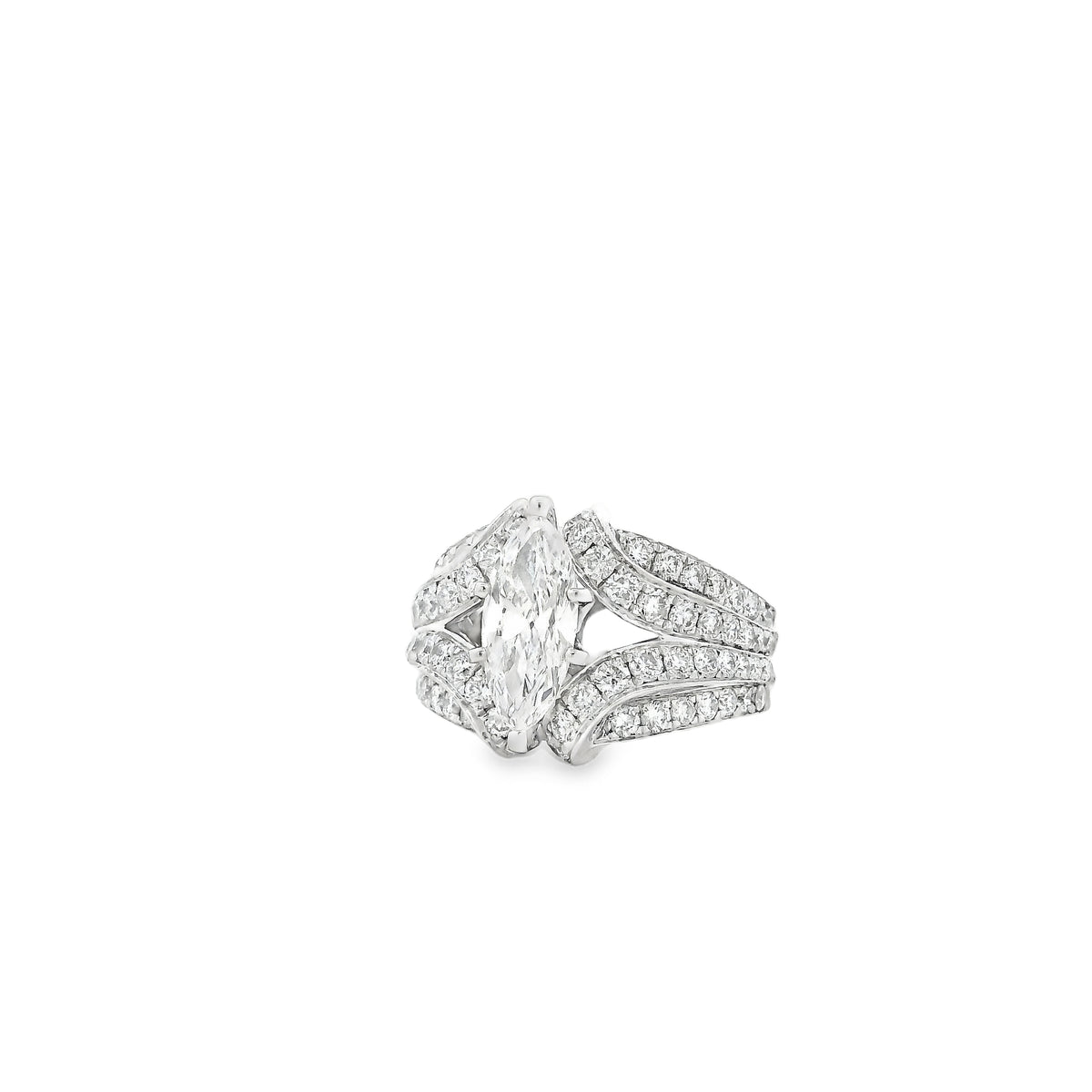14k White Gold 0.90ct Marquise Diamond and 2.0ctw Round Brilliant Diamond Ring — right three-quarter angle