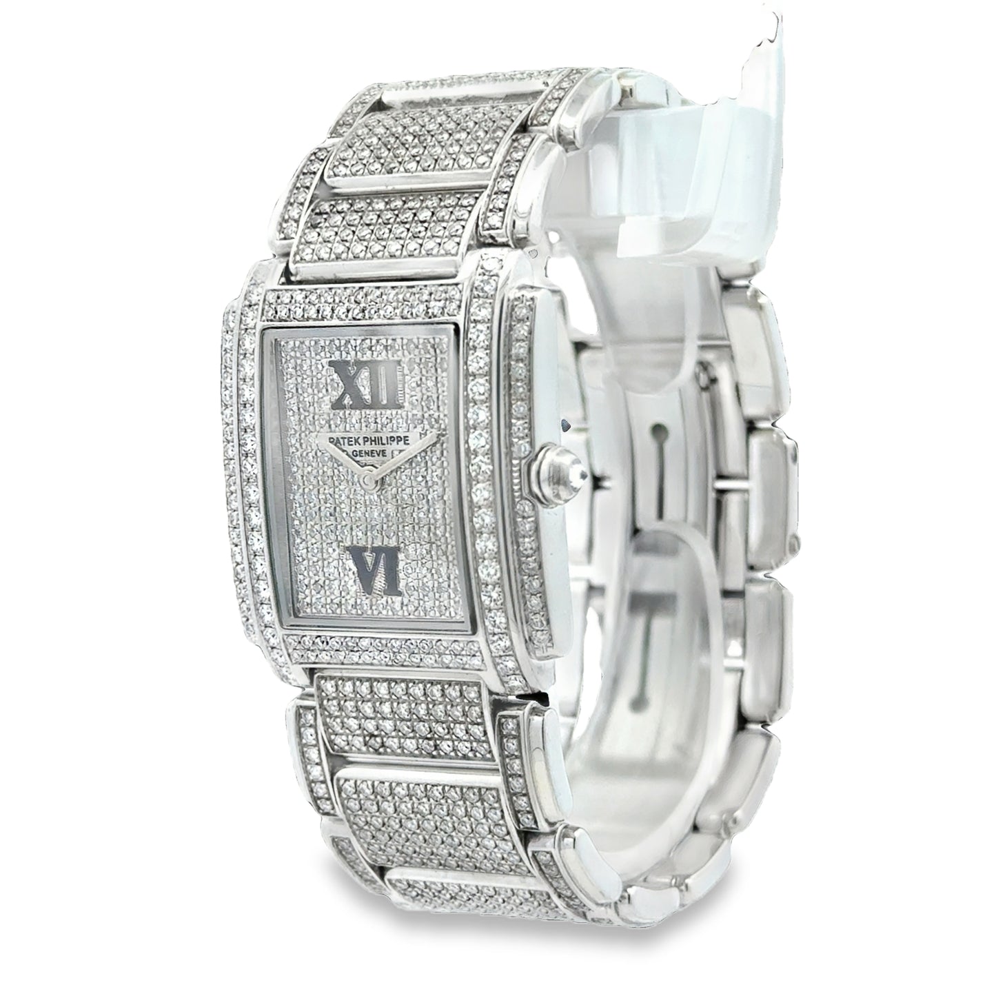 Patek Philippe 4910/10A Twenty~4 Aftermarket Diamond Pavé Watch — right side three-quarter view