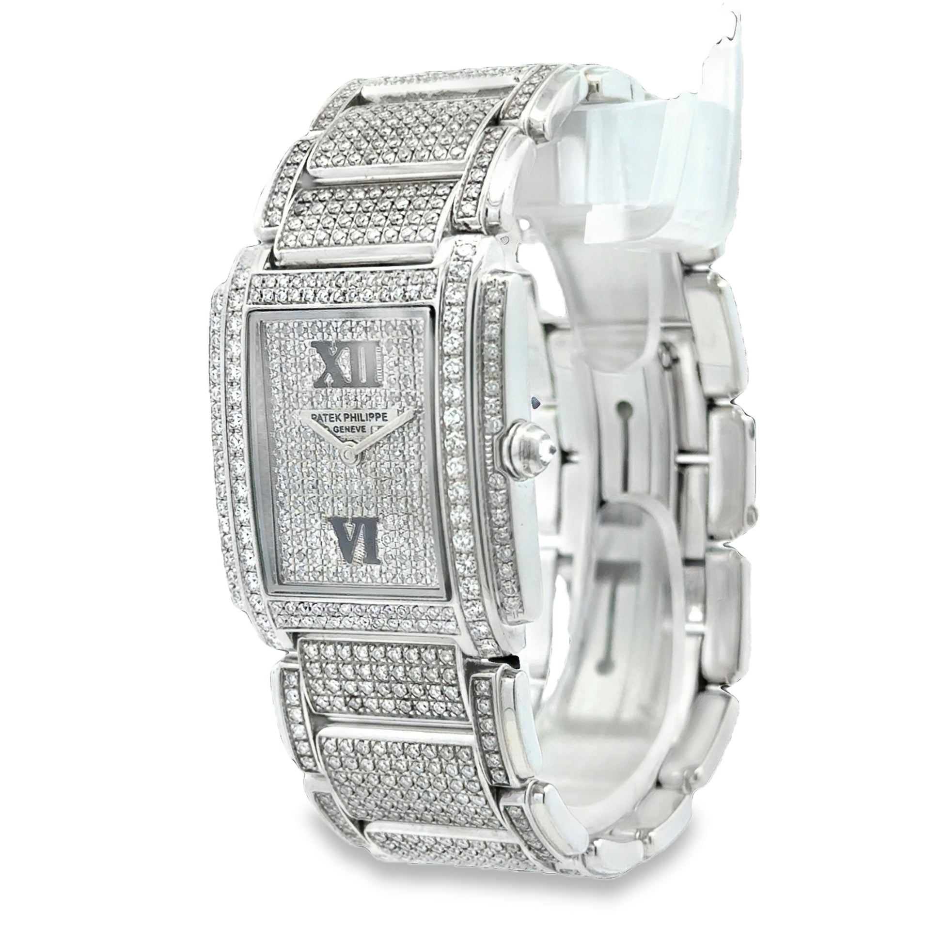 Patek Philippe 4910/10A Twenty~4 Aftermarket Diamond Pavé Watch — right side three-quarter view