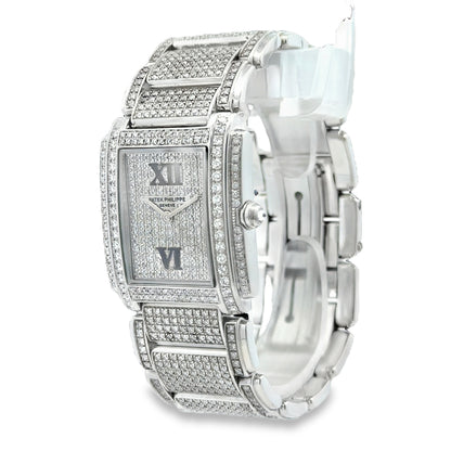Patek Philippe 4910/10A Twenty~4 Aftermarket Diamond Pavé Watch — right side three-quarter view