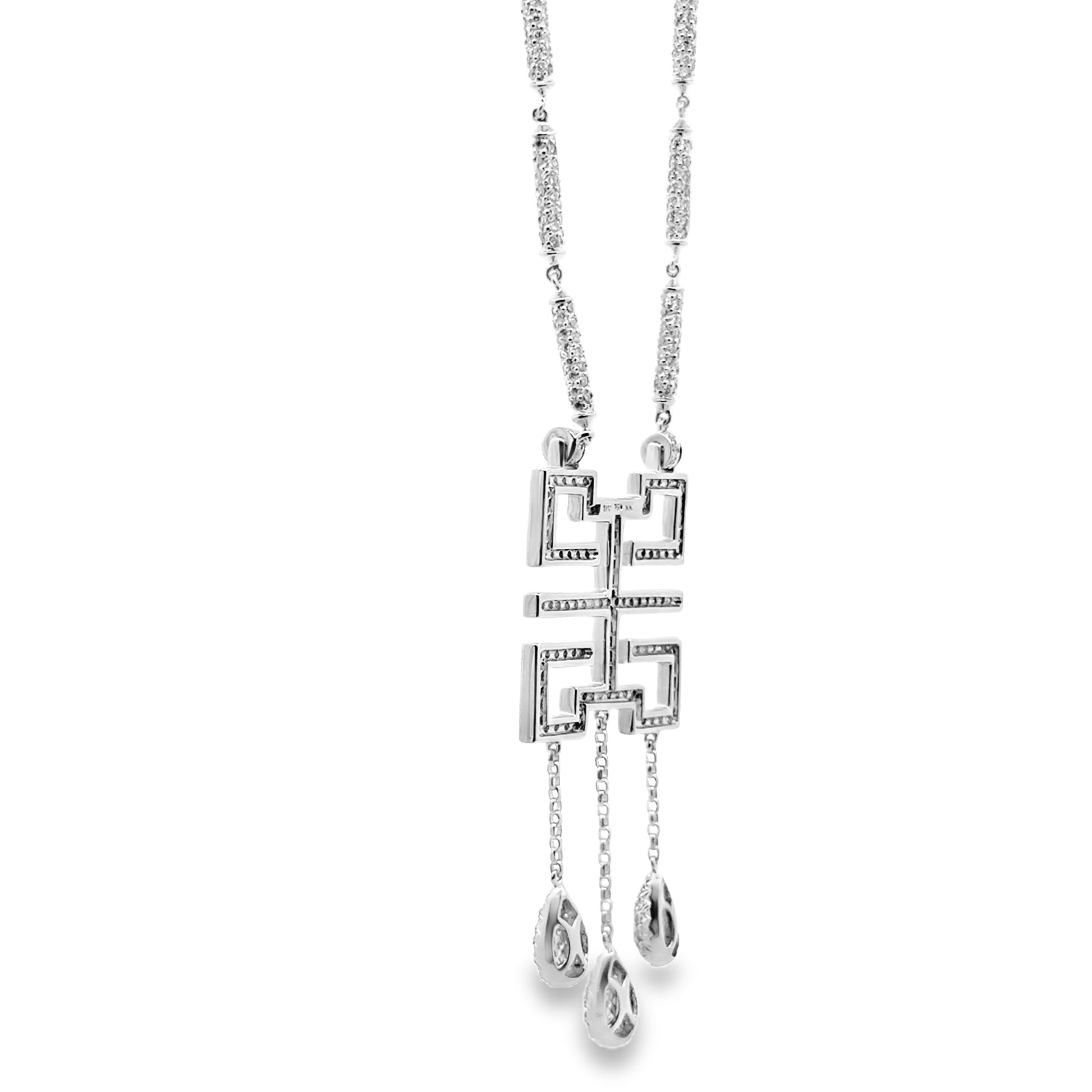 18k White Gold 3.50ctw Pavé Diamond Greek Key Pendant Necklace — right three-quarter angle