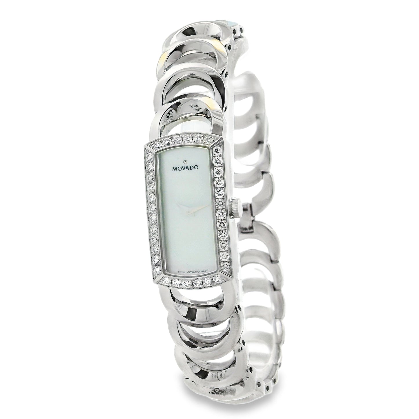 Movado Rondiro 0606007 Mother of Pearl Diamond Bezel Rectangle Stainless Steel Watch — right side three-quarter view
