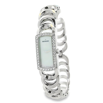 Movado Rondiro 0606007 Mother of Pearl Diamond Bezel Rectangle Stainless Steel Watch — right side three-quarter view