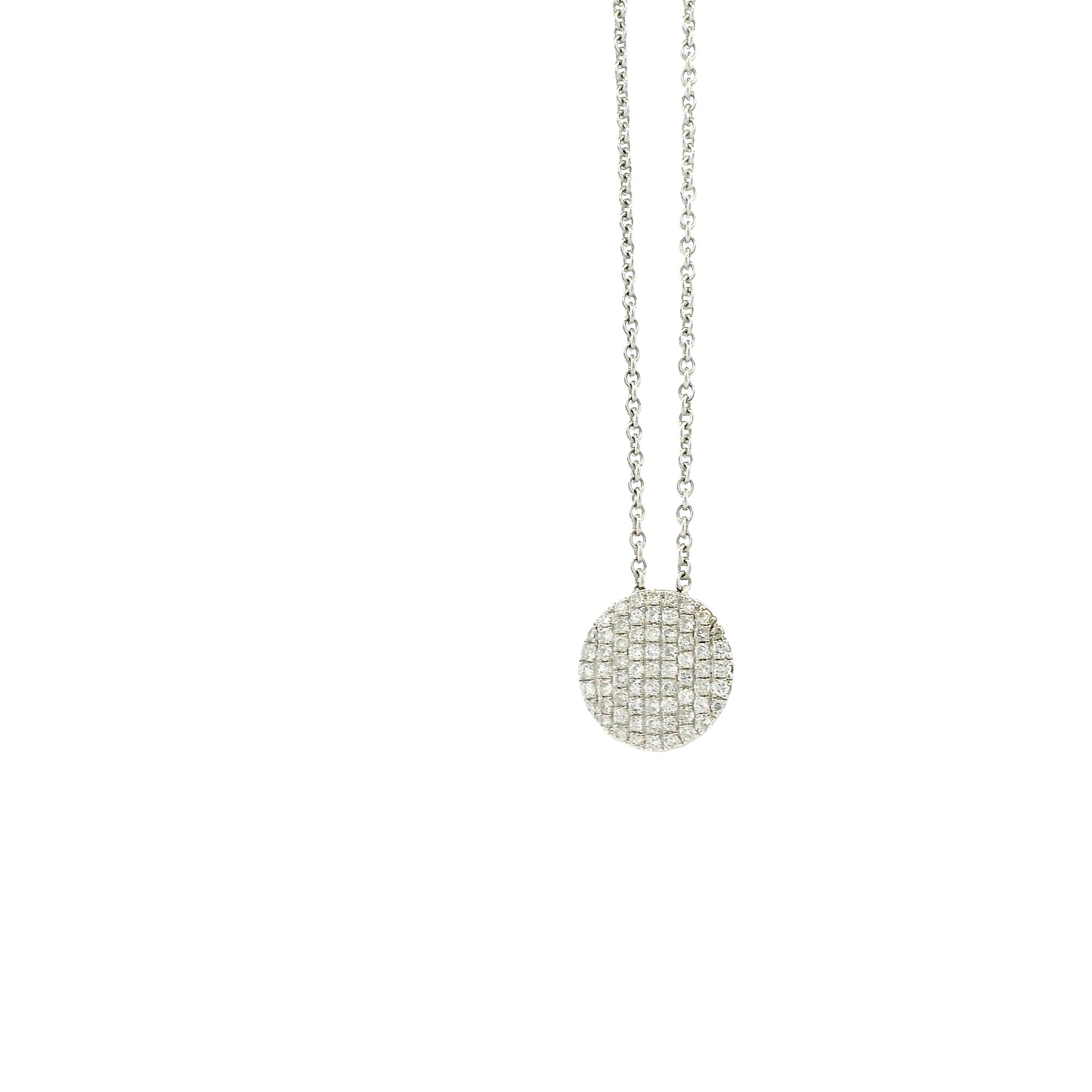 18k White Gold 0.55ctw Round Brilliant Diamond Pavé Button Pendant Necklace — right three-quarter angle