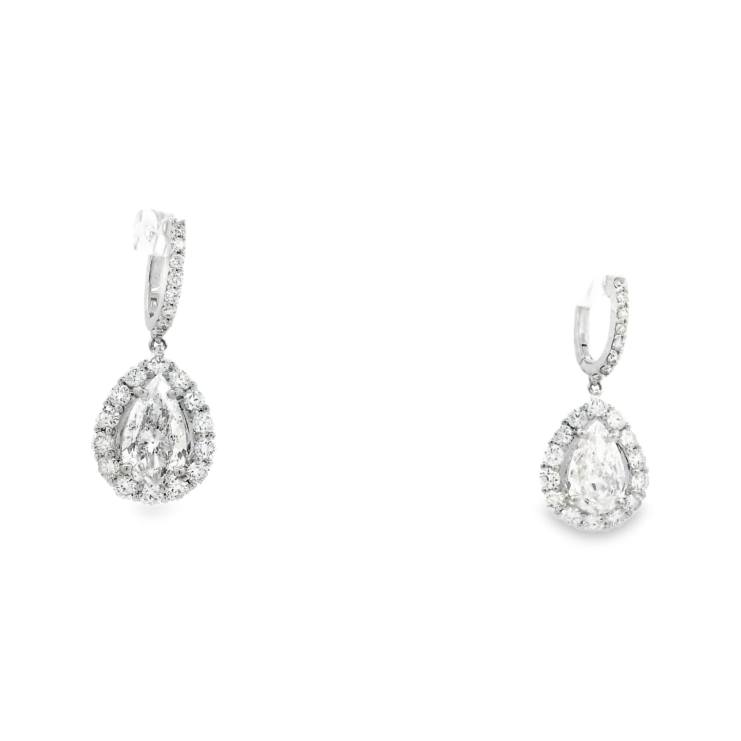18k White Gold 5.95ctw Pear Cut Diamond Halo Dangle Earrings — right three-quarter angle