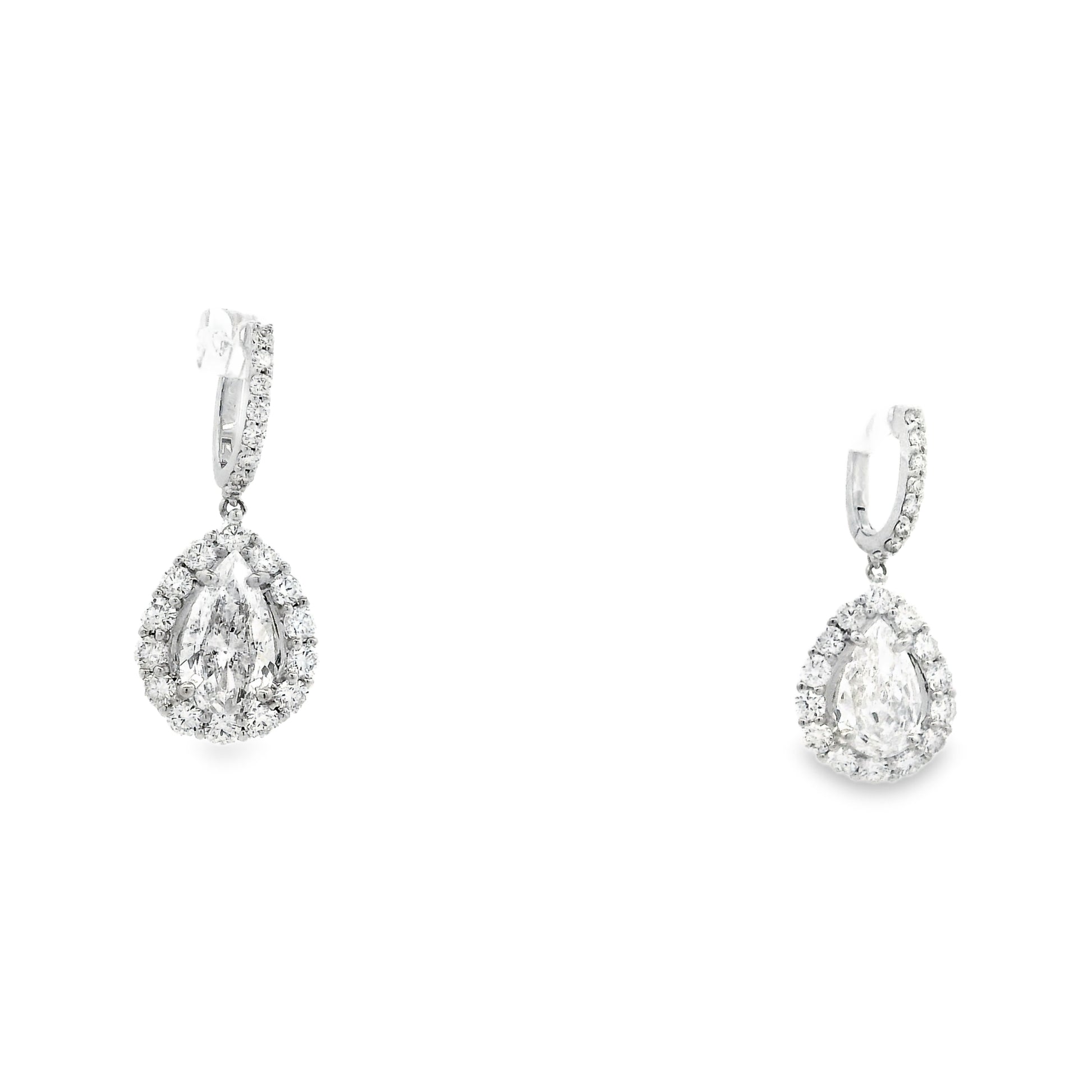 18k White Gold 5.95ctw Pear Cut Diamond Halo Dangle Earrings — right three-quarter angle