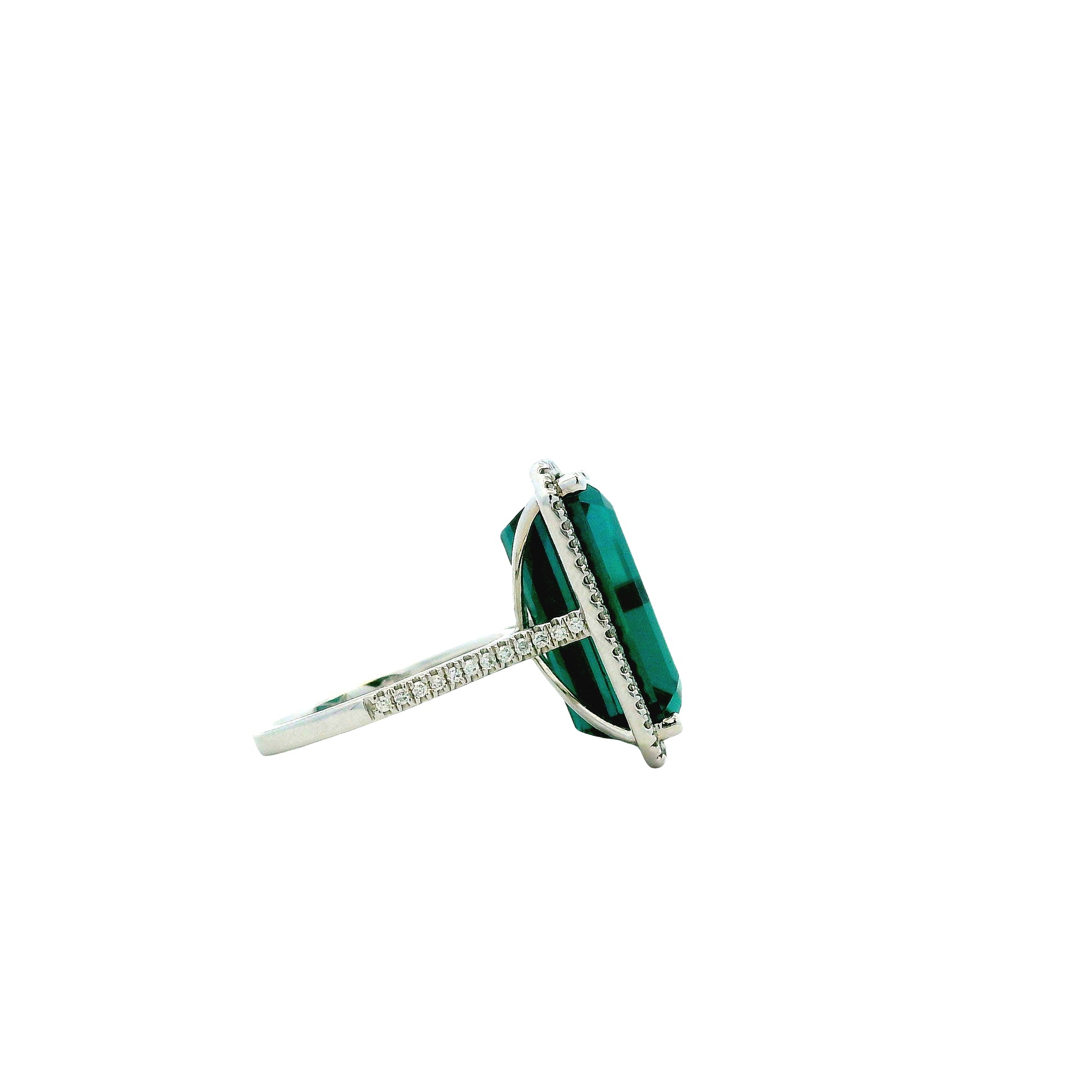 14k White Gold Blue Tourmaline and 0.34ctw Diamond Halo Ring — right three-quarter angle