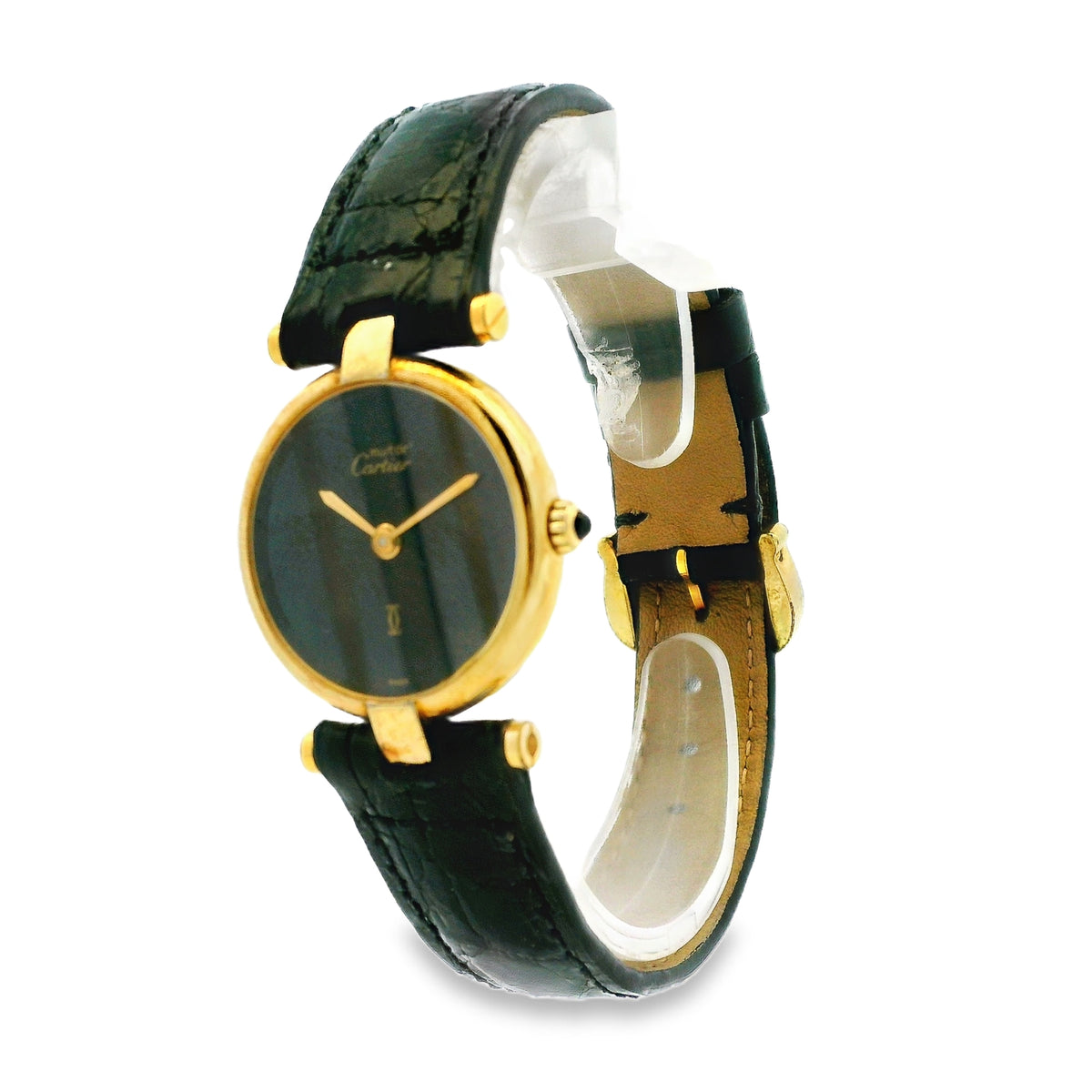Must de Cartier Vendome 18k Gold Plated Black Dial Leather Strap Watch — right side three-quarter view