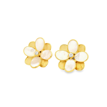 Marco Bicego 18k Yellow Gold 0.60ctw Diamond and Mother of Pearl Petali Flower Stud Earrings — right three-quarter angle