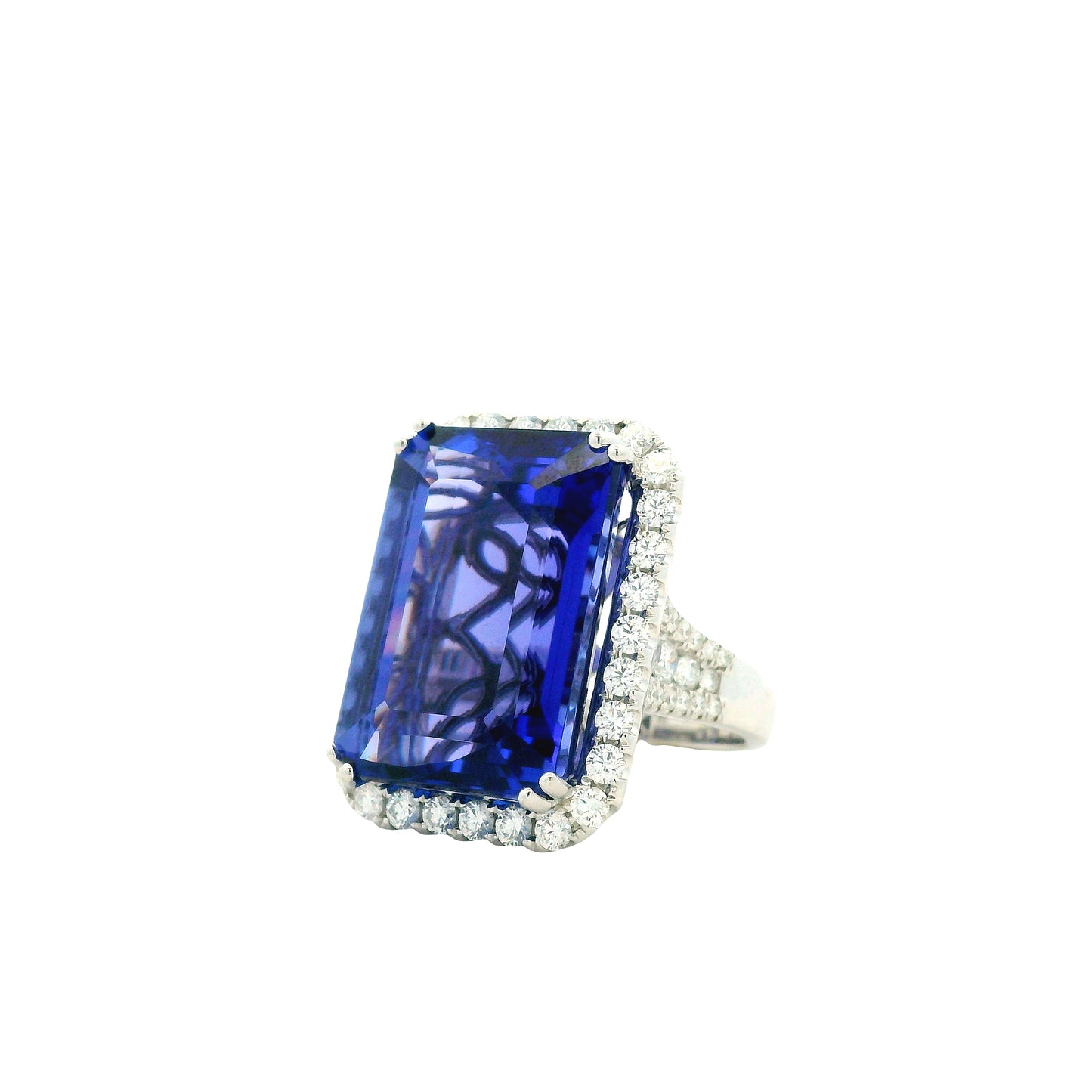18k White Gold 34.72ct Emerald Cut Tanzanite and 2.26ctw Diamond Halo Cocktail Ring — right three-quarter angle