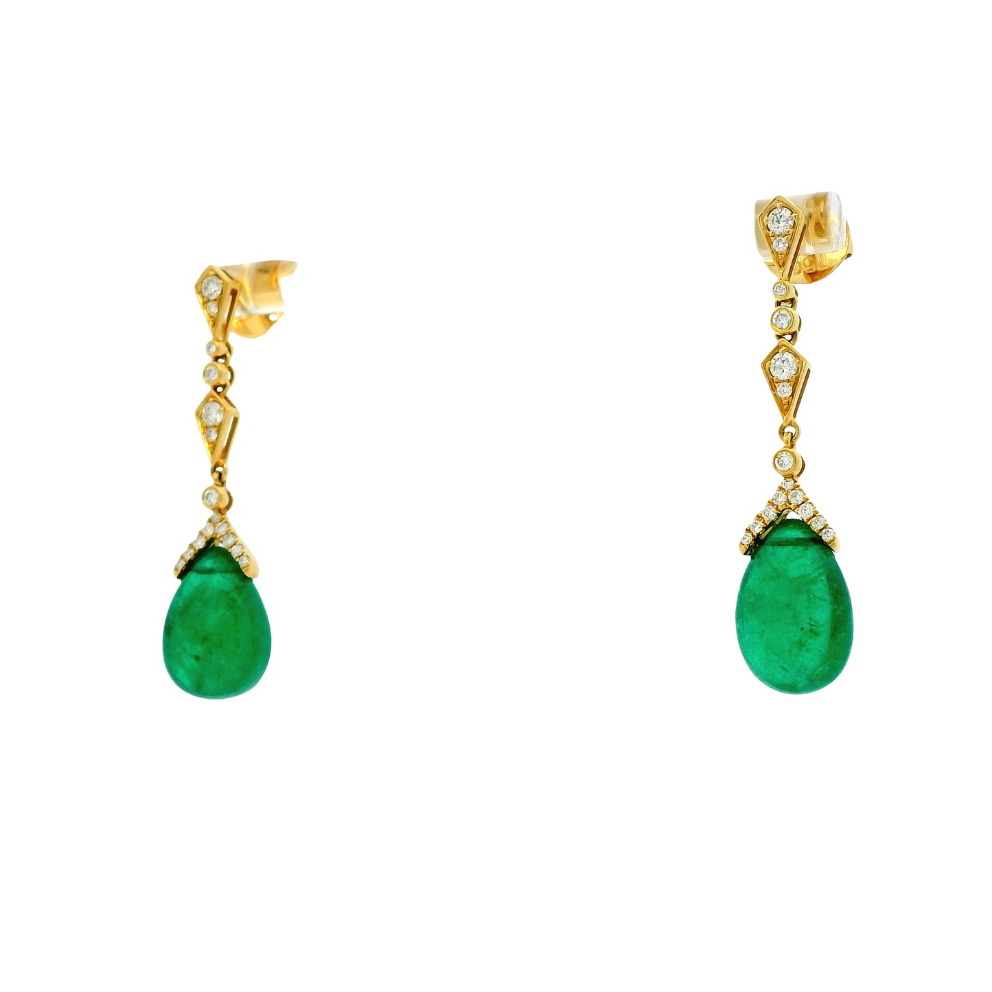 18k Yellow Gold GIA Certified 14.91ct Natural Emerald and 0.44ctw Round Diamond Dangle Earrings — right three-quarter angle
