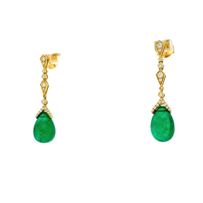 18k Yellow Gold GIA Certified 14.91ct Natural Emerald and 0.44ctw Round Diamond Dangle Earrings — right three-quarter angle