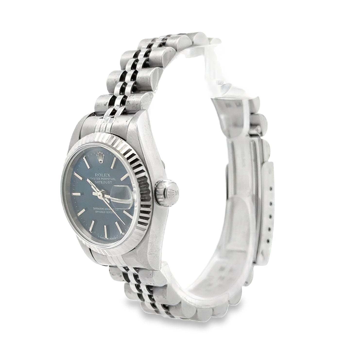 Rolex 79174 Datejust 26mm Two-Tone Blue Dial Jubilee Bracelet Watch — right side three-quarter view