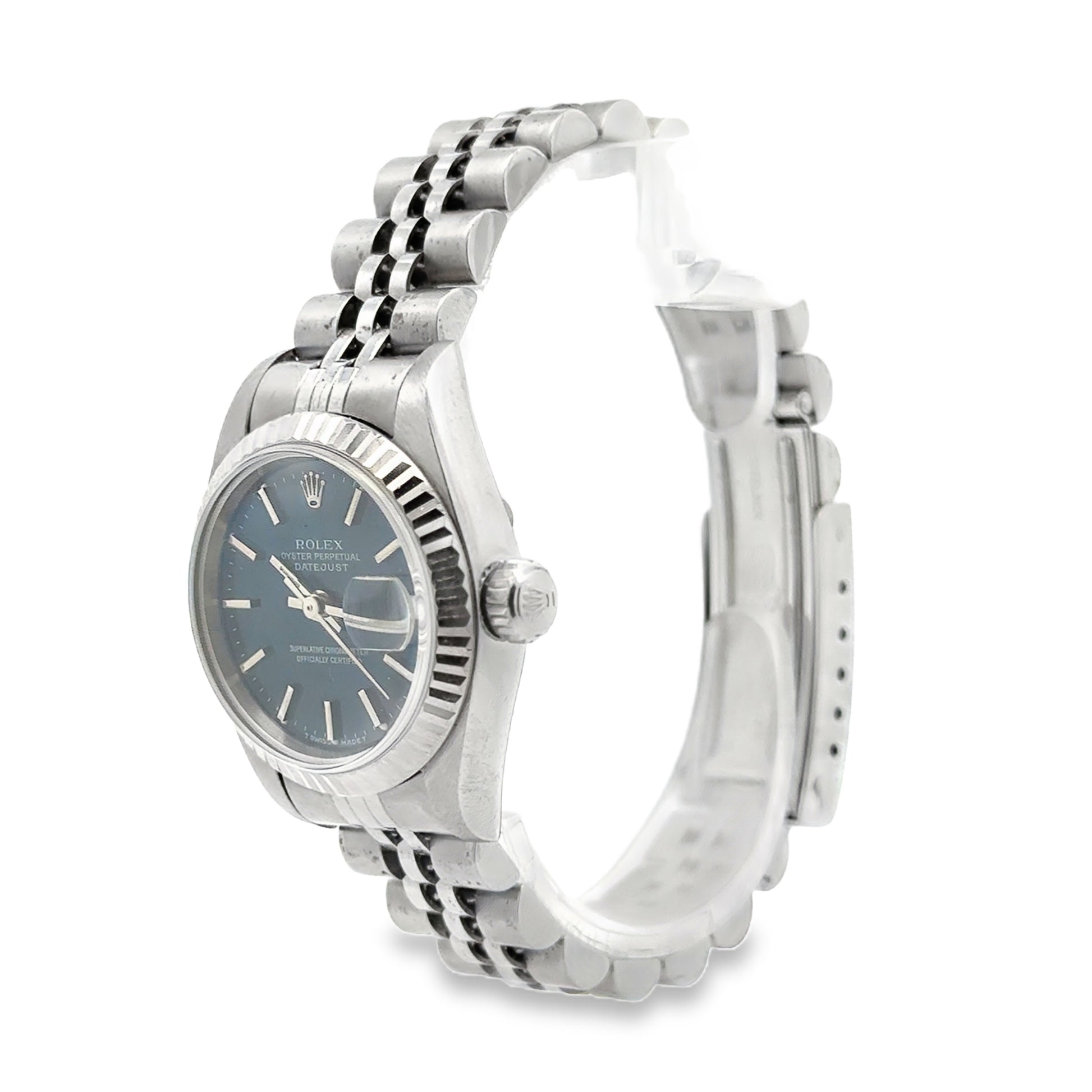Rolex 79174 Datejust 26mm Two-Tone Blue Dial Jubilee Bracelet Watch — right side three-quarter view