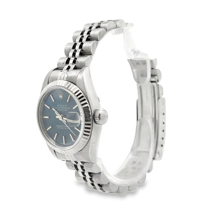 Rolex 79174 Datejust 26mm Two-Tone Blue Dial Jubilee Bracelet Watch — right side three-quarter view