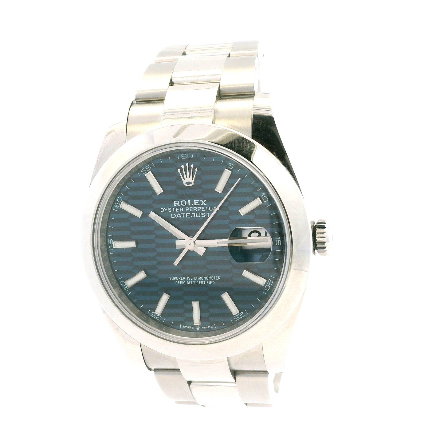 Rolex 126300 Datejust 41mm Blue Motif Dial Stainless Steel Watch — right side three-quarter view