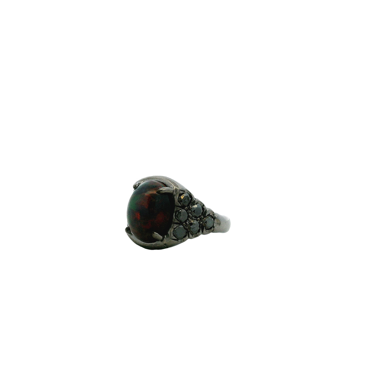 18k White Gold 1.50ct Oval Black Opal and 0.50ctw Pavé Diamond Ring — right three-quarter angle