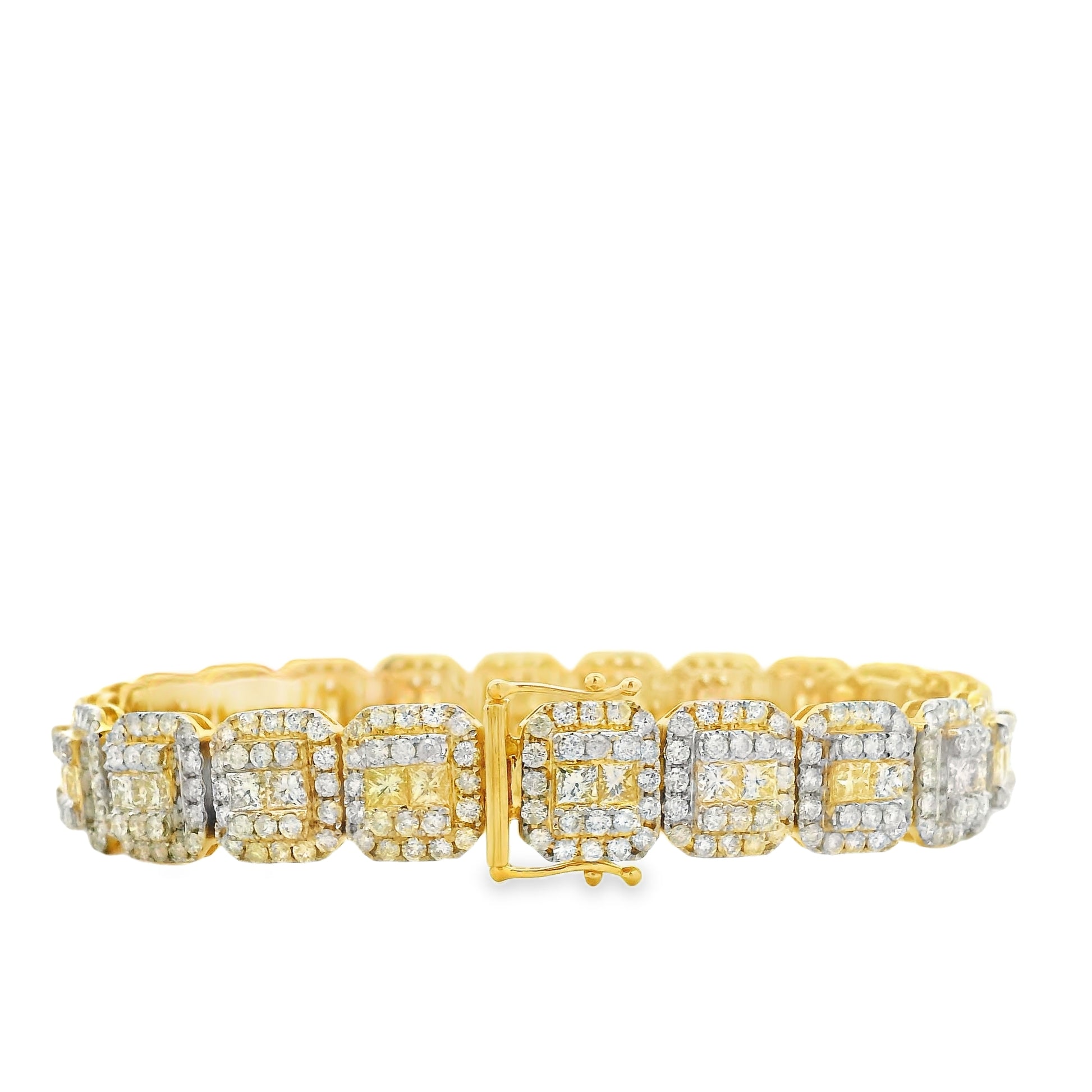 14k Yellow Gold 14.58ctw Princess Cut and Round Brilliant Diamond Cluster Tennis Bracelet — right three-quarter angle