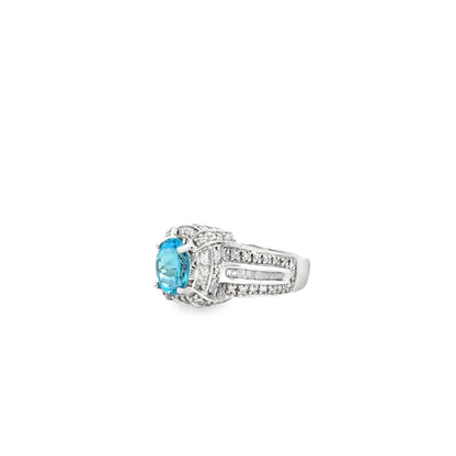 White Gold Oval Blue Gemstone Halo Cocktail Ring — right three-quarter angle