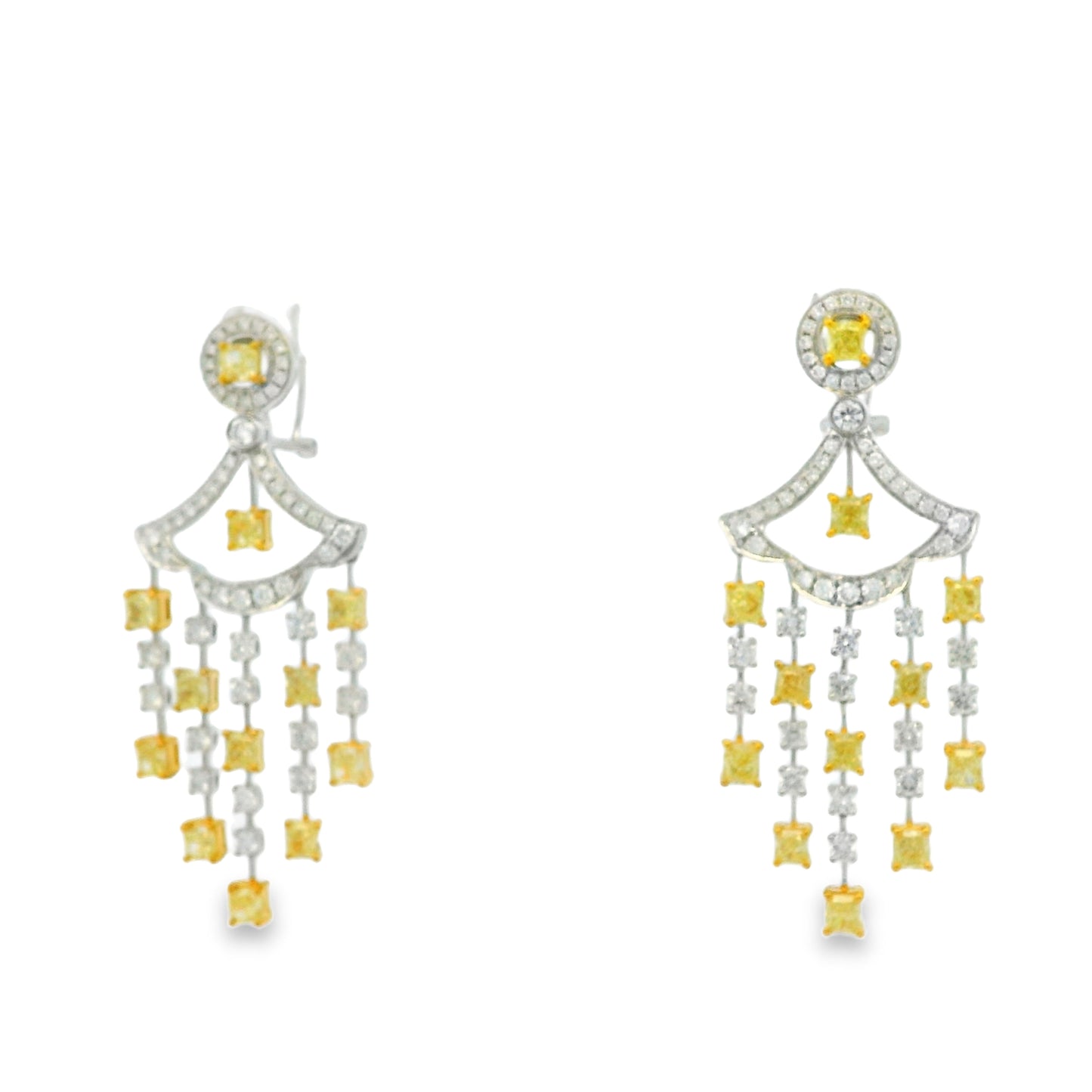 18k Two-Tone Gold 5.86ct Fancy Yellow and 2.71ctw Round Brilliant Diamond Dangle Earrings — right three-quarter angle