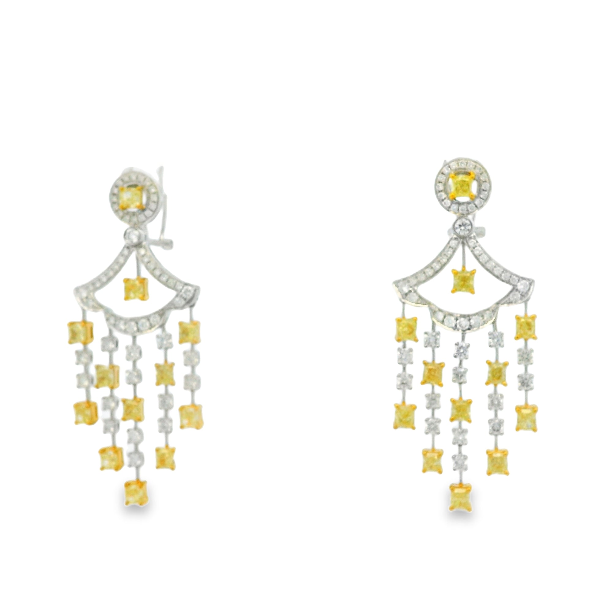 18k Two-Tone Gold 5.86ct Fancy Yellow and 2.71ctw Round Brilliant Diamond Dangle Earrings — right three-quarter angle