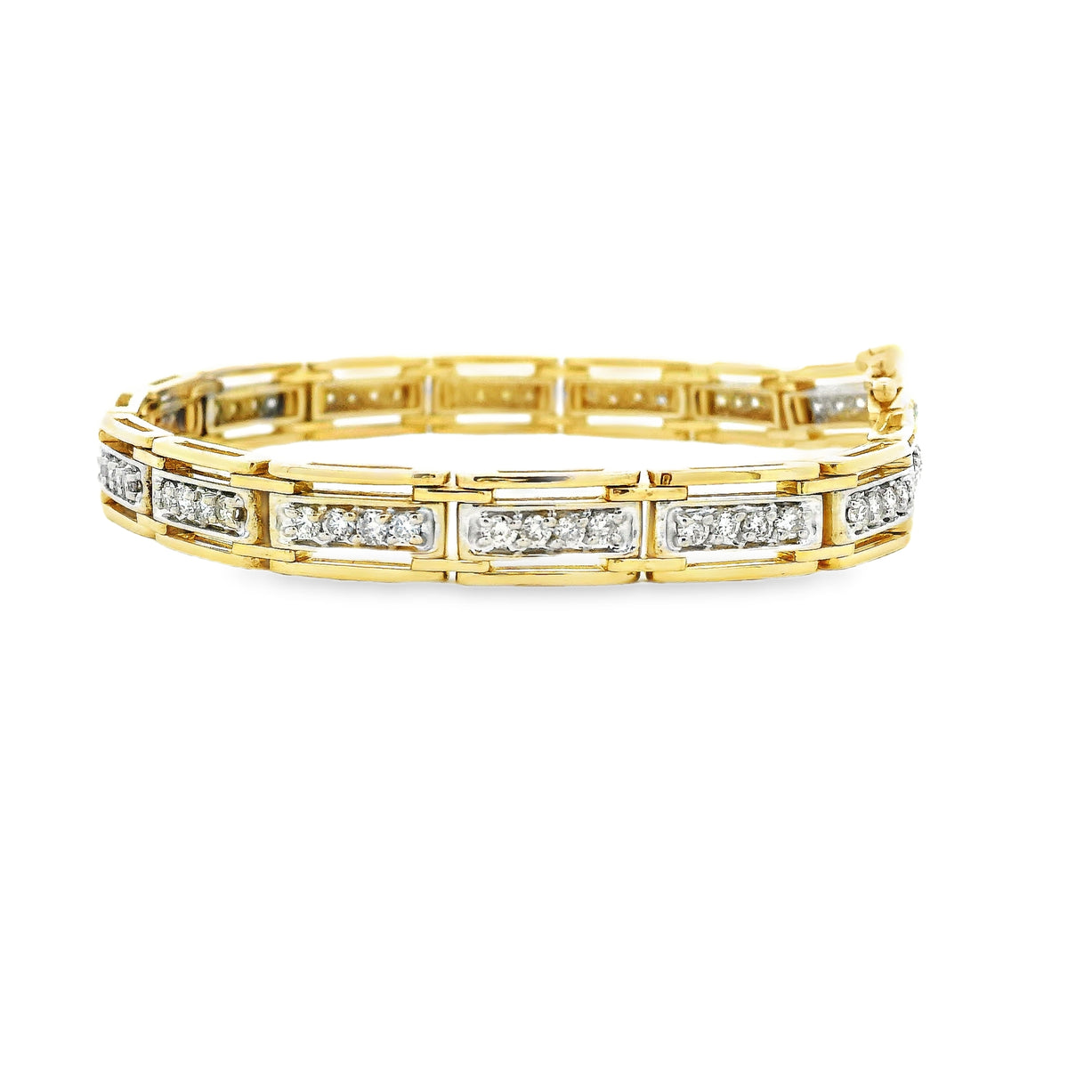 14k Yellow Gold 1.92ctw Round Brilliant Diamond Rectangular Tennis Link Bracelet — right three-quarter angle