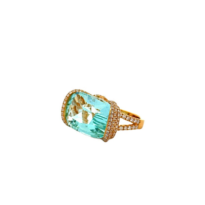 18k Yellow Gold 17.68ct Cushion Cut Aquamarine Halo Cocktail Ring — right three-quarter angle