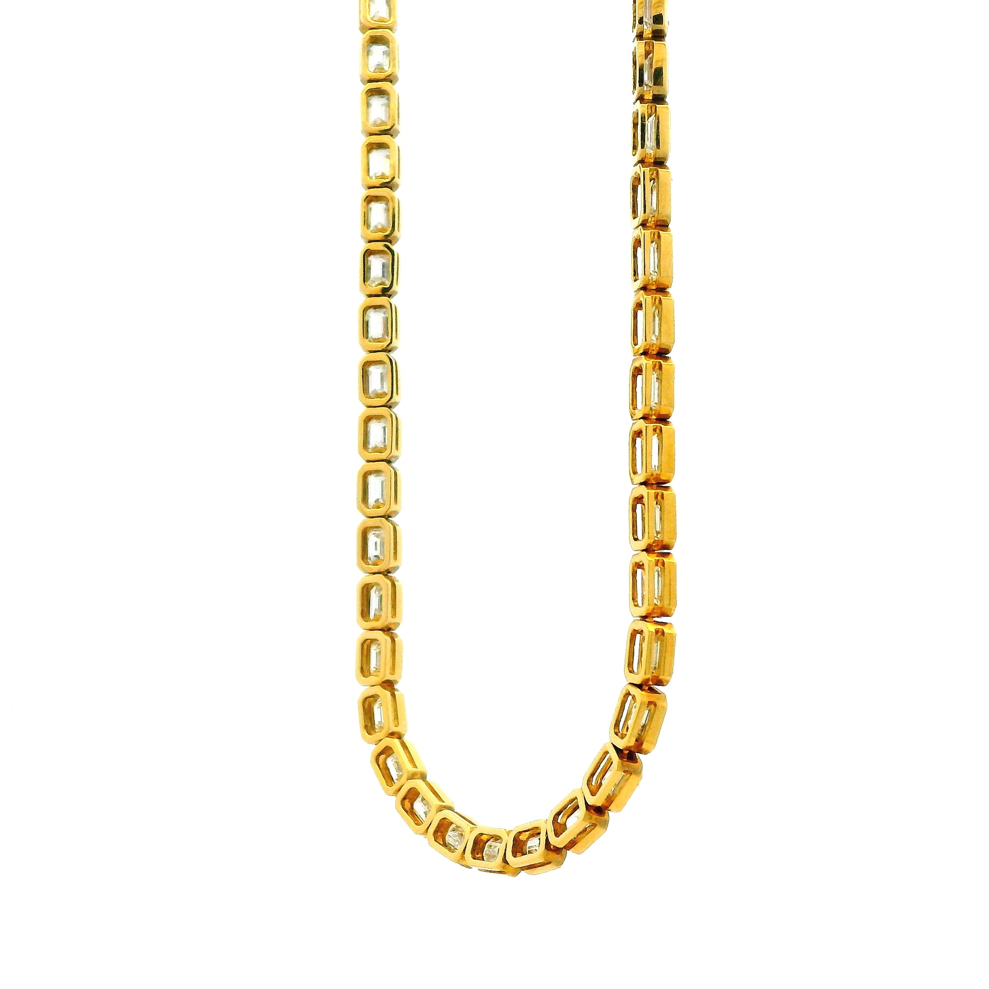 18k Yellow Gold 7.51ctw Emerald Cut Natural Diamond Bezel Station Necklace — right three-quarter angle