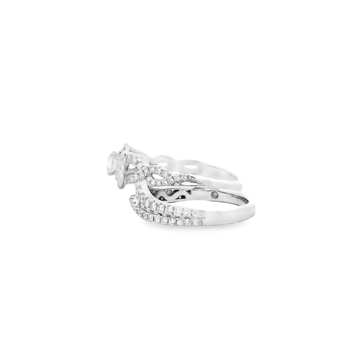 14k White Gold 0.30ct Princess Cut Diamond Double Halo and Wedding Band Engagement Ring Set — right three-quarter angle