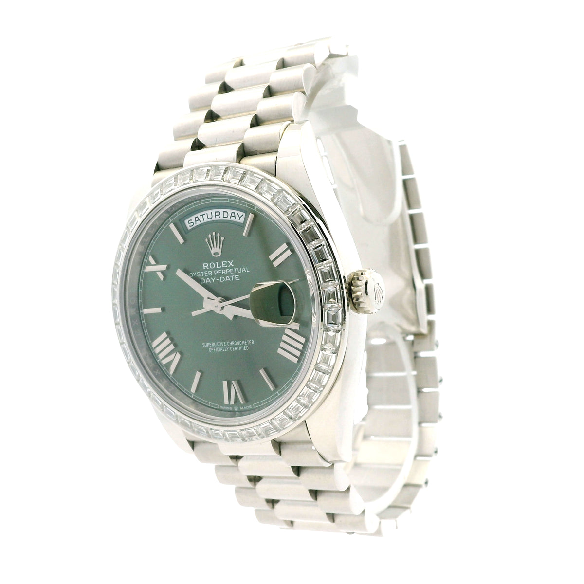 Rolex 228396TBR Day-Date 40mm Platinum Olive Green Roman Dial Watch — right side three-quarter view
