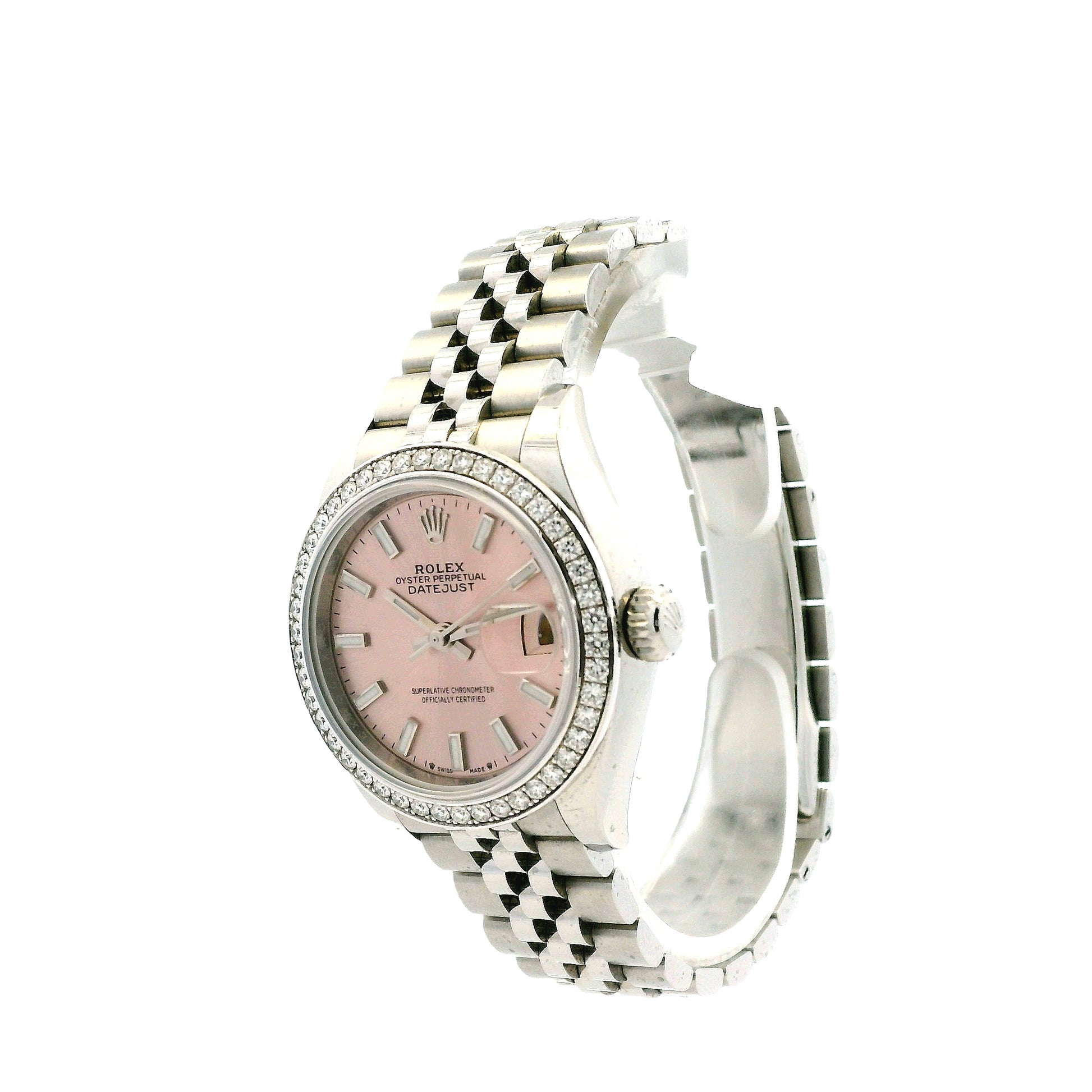 Rolex 279384RBR Datejust 28mm Pink Dial Diamond Bezel Stainless Steel Watch — right side three-quarter view