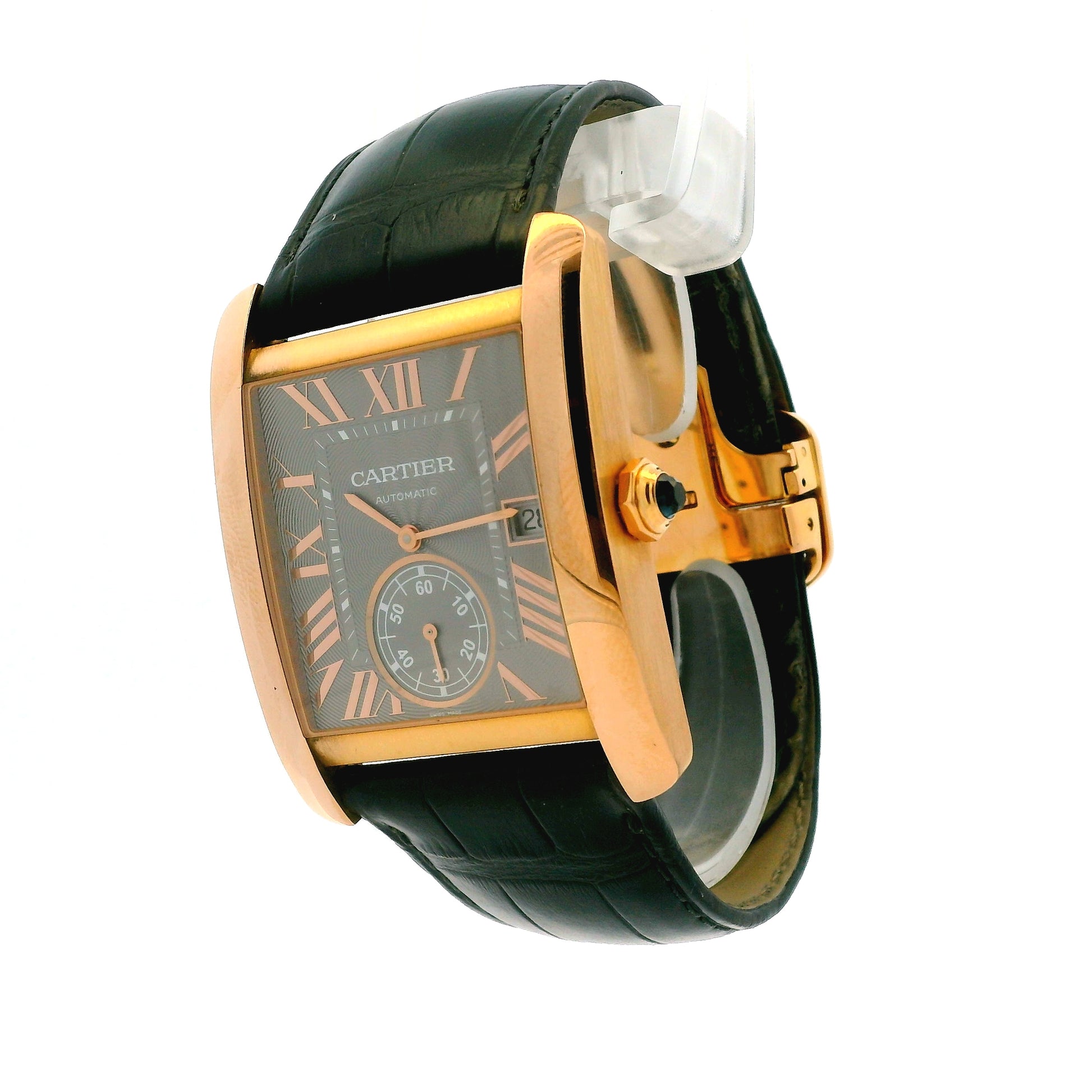 Cartier Tank 3590 18k Rose Gold 35x44mm Silver Dial Watch — right side three-quarter view