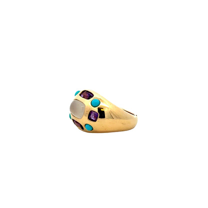 14k Yellow Gold Amethyst and Turquoise Cluster Dome Cocktail Ring — right three-quarter angle