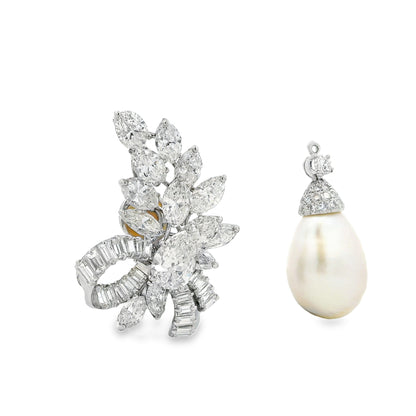 18k White Gold 15ctw Marquise Pear and Baguette Diamond Natural Drop Pearl Clip-On Earrings — right three-quarter angle