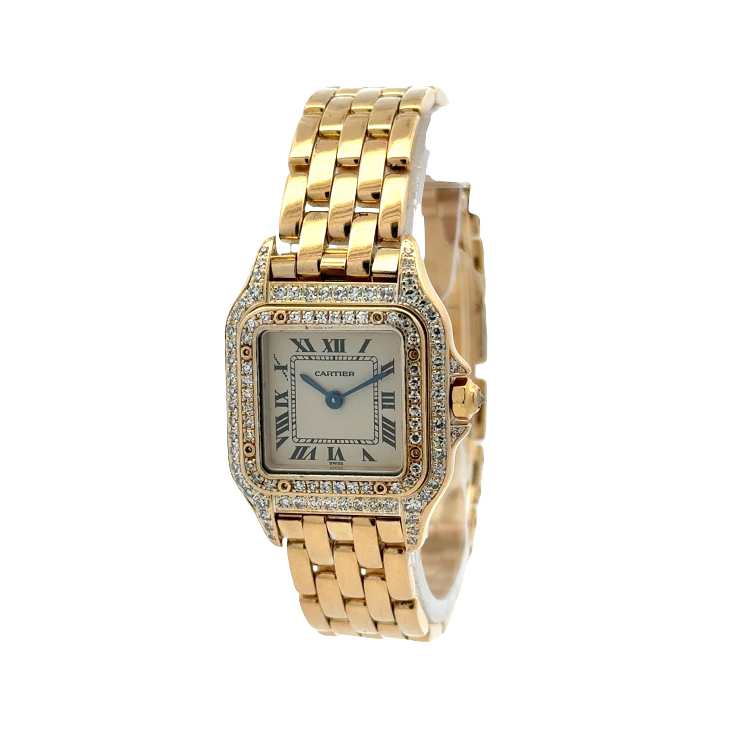 Cartier Mini Panthere 18k Yellow Gold Diamond Bezel Roman Numeral Watch — right side three-quarter view