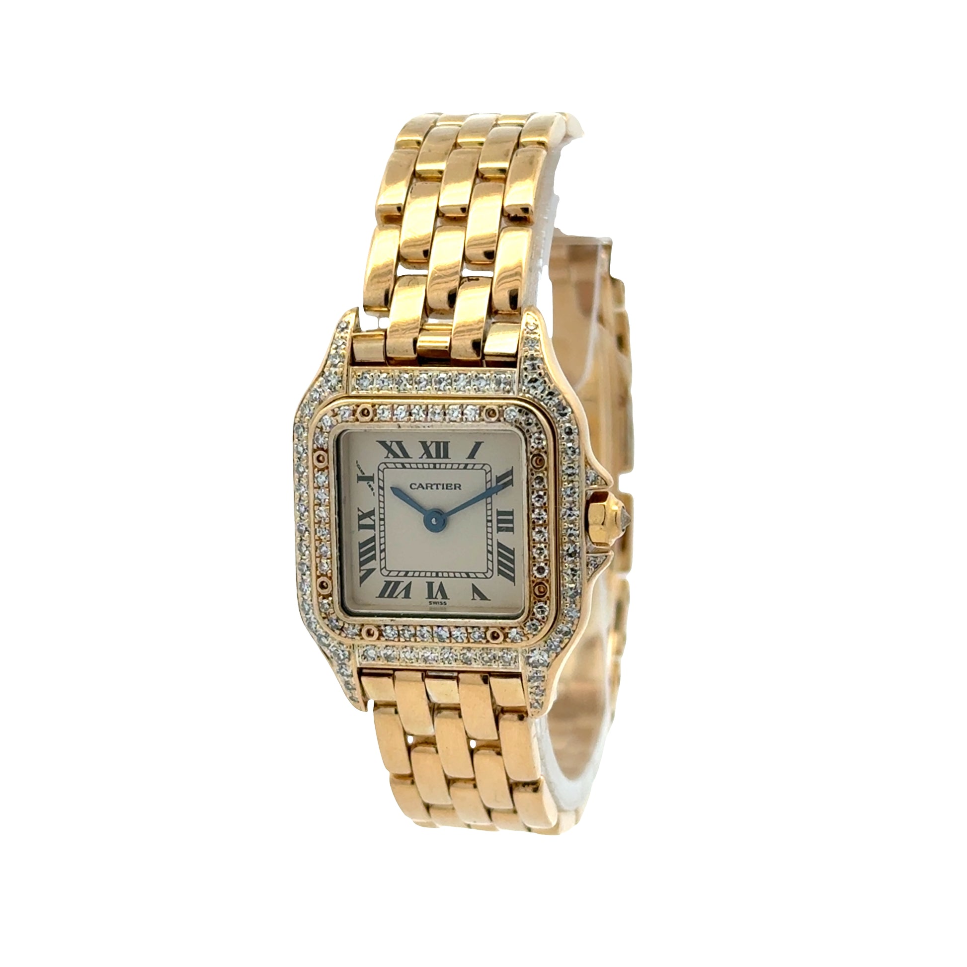 Cartier Mini Panthere 18k Yellow Gold Diamond Bezel Roman Numeral Watch — right side three-quarter view