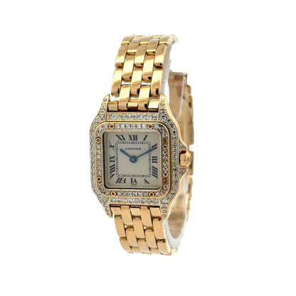 Cartier Mini Panthere 18k Yellow Gold Diamond Bezel Roman Numeral Watch — right side three-quarter view