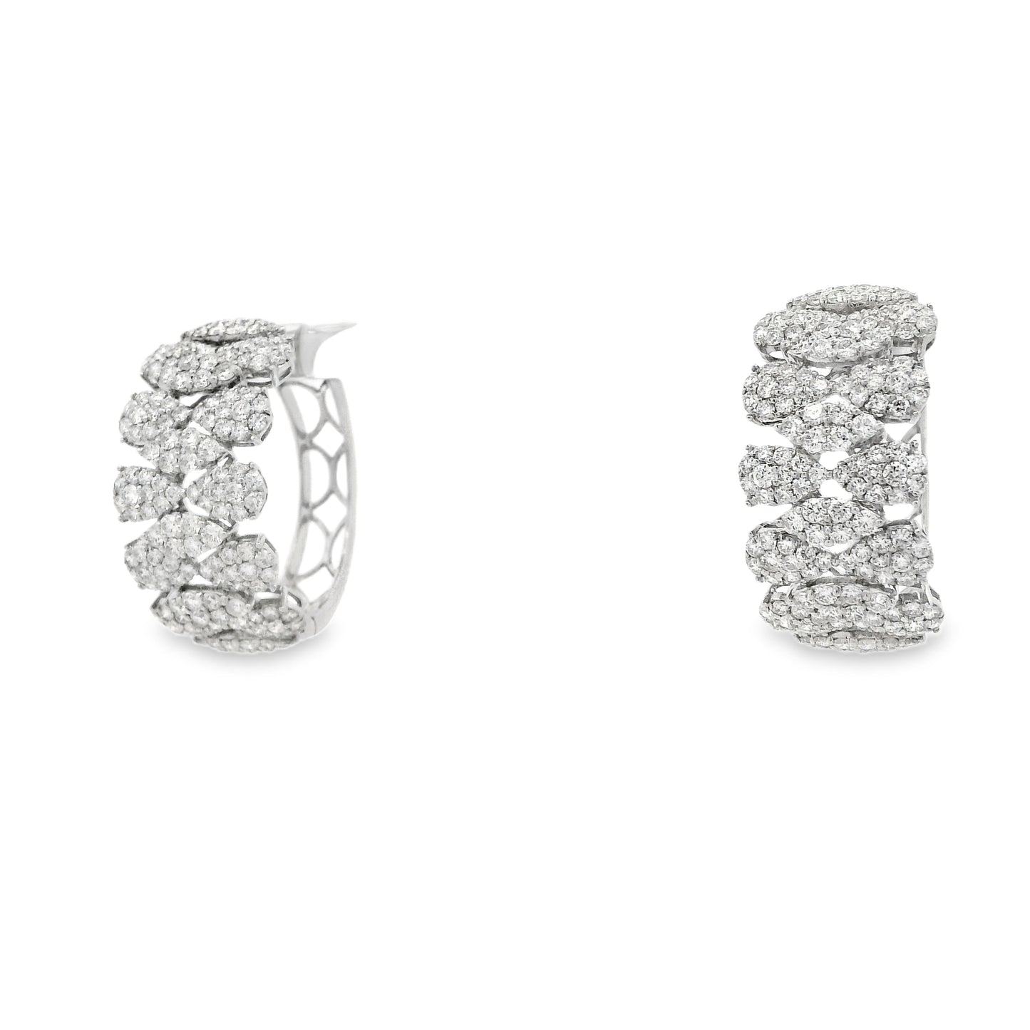 18k White Gold 5.97ctw Round Brilliant Diamond Cluster Pavé Hoop Earrings — right three-quarter angle