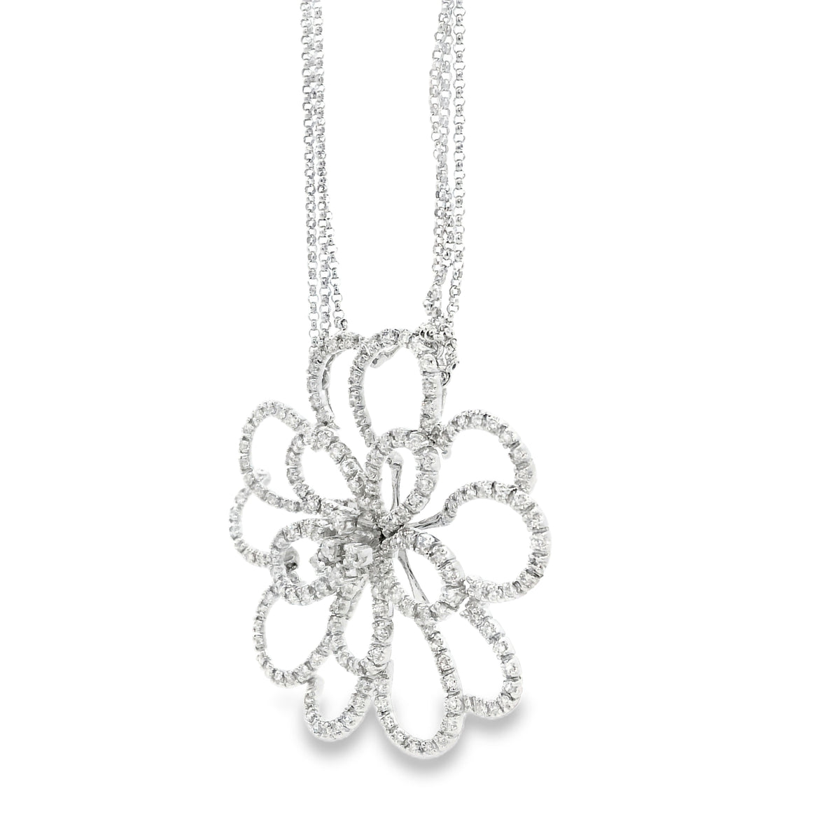14k White Gold 2.5ctw Round Brilliant Diamond Pavé Floral Pendant Multi-Strand Necklace 18" — right three-quarter angle