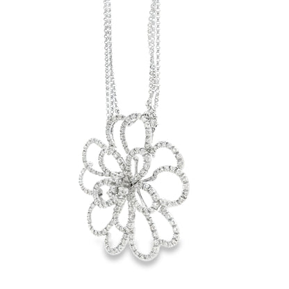 14k White Gold 2.5ctw Round Brilliant Diamond Pavé Floral Pendant Multi-Strand Necklace 18" — right three-quarter angle