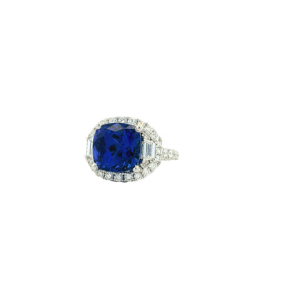 18k White Gold 8.45ct Cushion Cut Tanzanite and 1.55ctw Diamond Three-Stone Cocktail Ring — right three-quarter angle