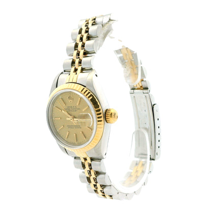 Rolex 69173 Datejust 26mm Two-Tone Champagne Dial Watch — right side three-quarter view