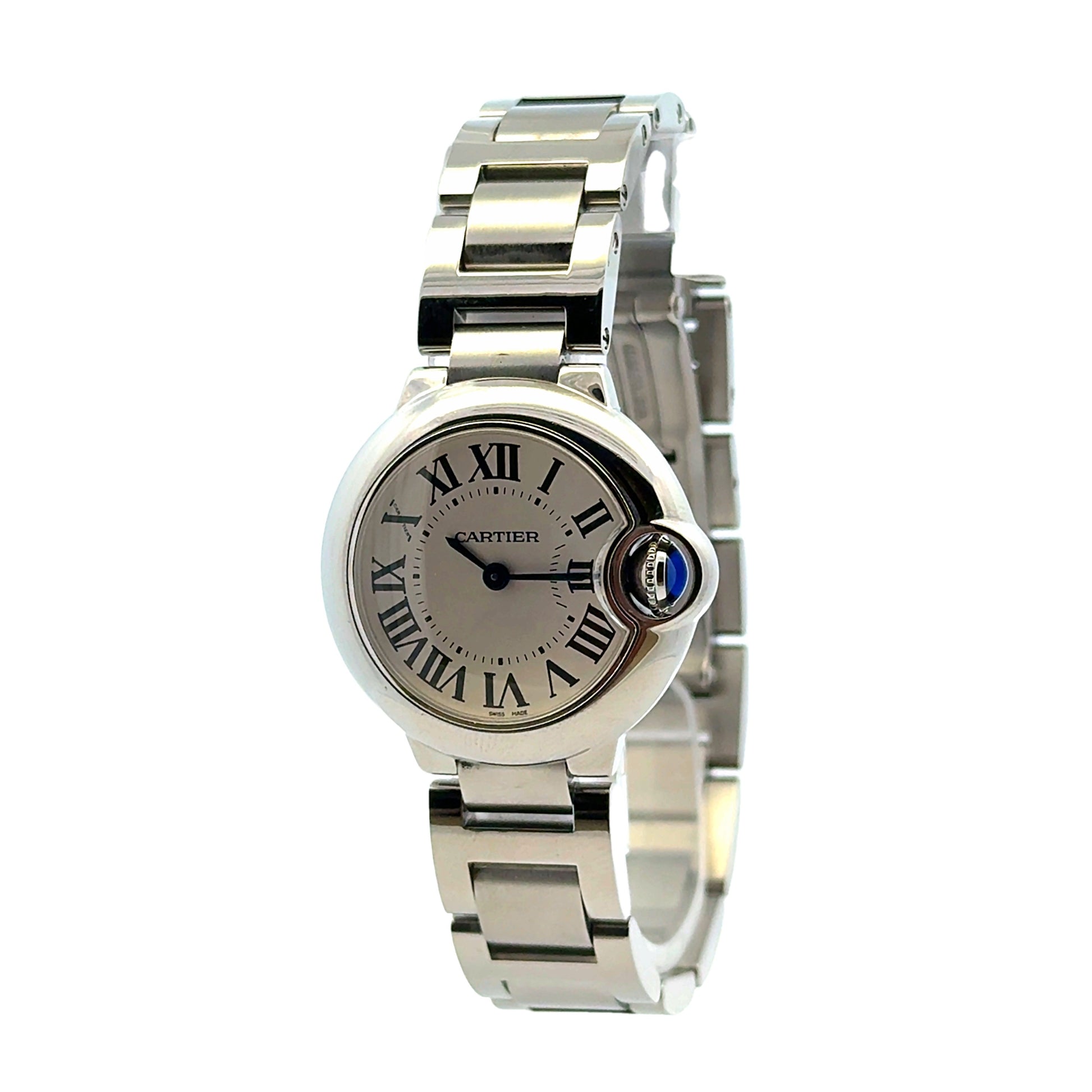 Cartier Ballon Bleu 28mm White Dial Stainless Steel Watch — right side three-quarter view