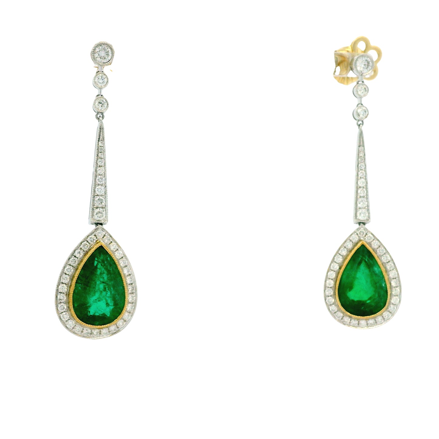 18k White Gold 11.51ct Emerald and 1.54ctw Round Brilliant Diamond Drop Earrings — right three-quarter angle
