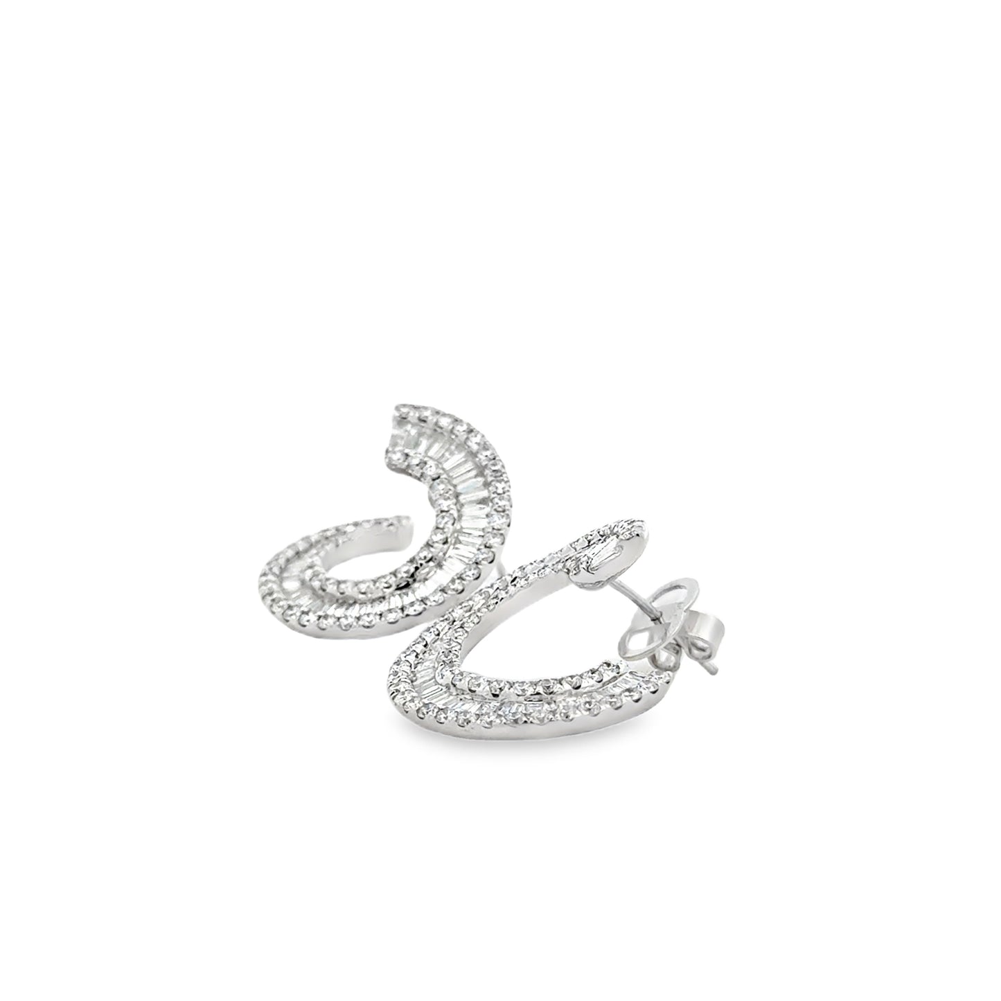 18k White Gold 3.97ctw Round Brilliant and Baguette Diamond Hoop Earrings — right three-quarter angle