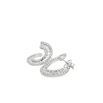 18k White Gold 3.97ctw Round Brilliant and Baguette Diamond Hoop Earrings — right three-quarter angle